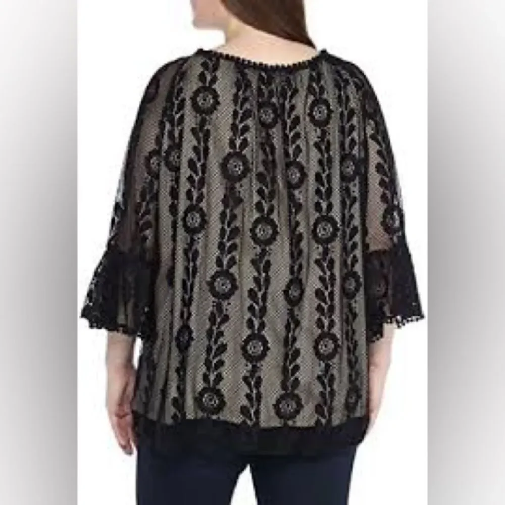 NWT JOHN PAUL RICHARD 2X 3/4 Bell Sleeve Pom Rim Lace Overlay Top